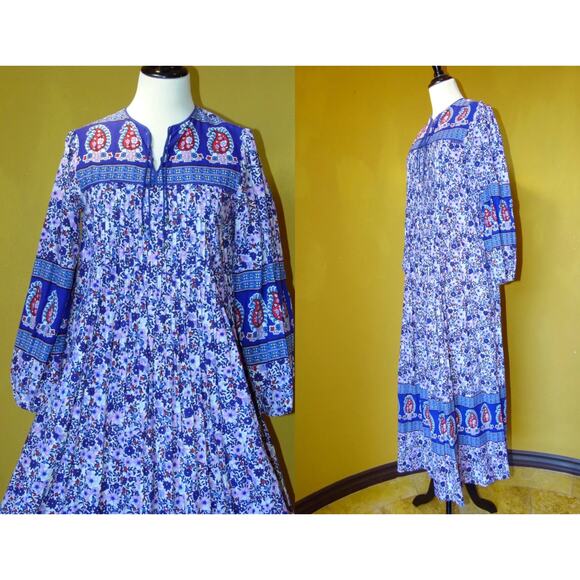 VINTAGE 70’s HIPPIE BLOCK PRINT INDIAN COTTON FESTIVAL BOHO MAXIDRESS - Picture 12 of 12